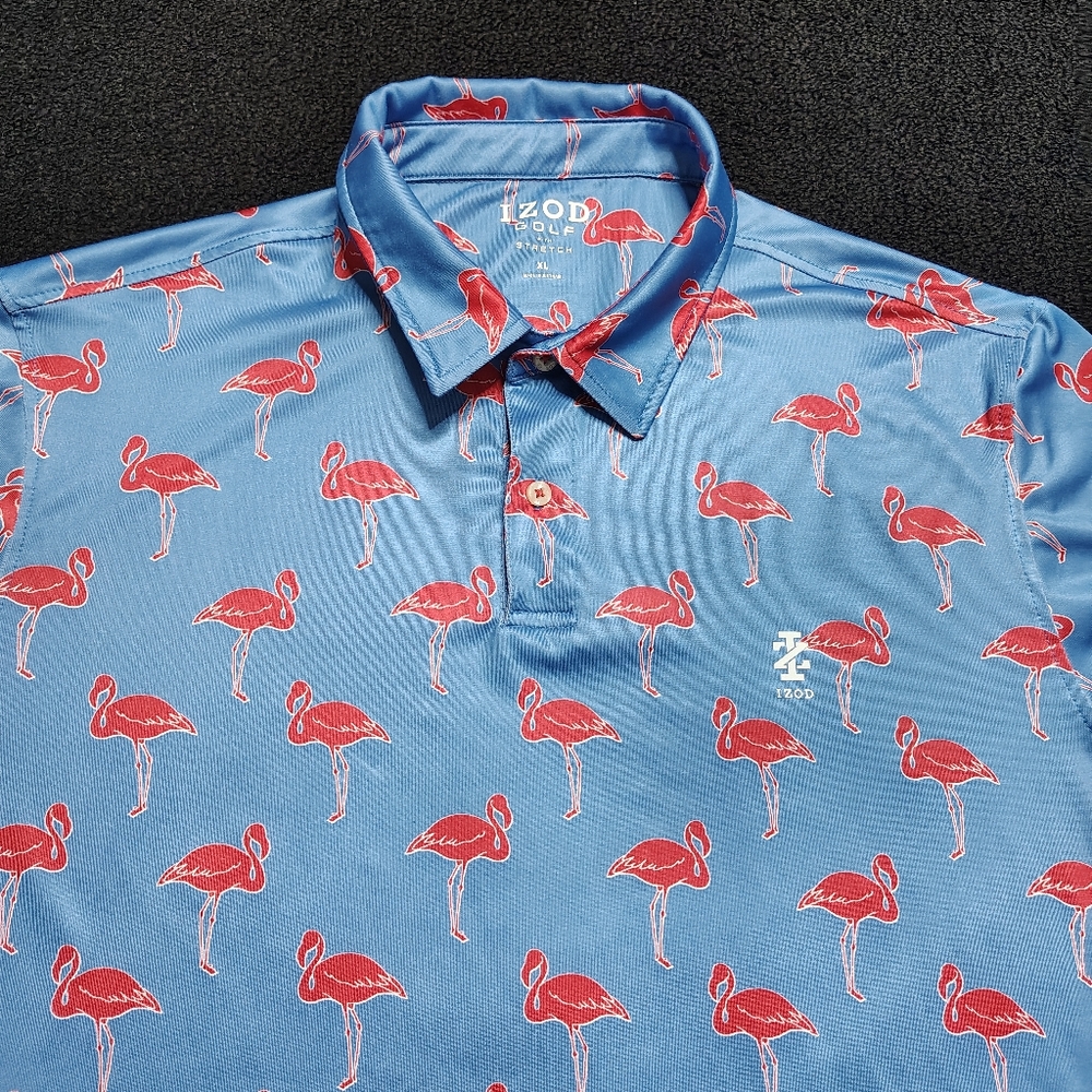 IZOD Blue Polo Shirt Pink Flamingo Print Golf Stretch Short Sleeve Mens XL
